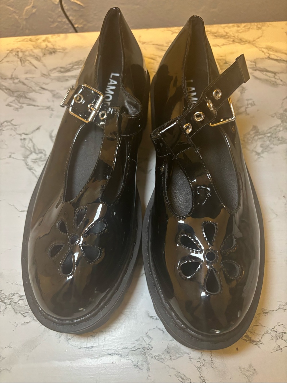 LAMODA Black Patent Mary Jane Flats with Floral Cutouts